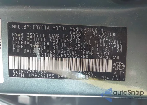 2006 Toyota Corolla Le z USA, uszkodzony, nr VIN 2T1BR32E36C654868